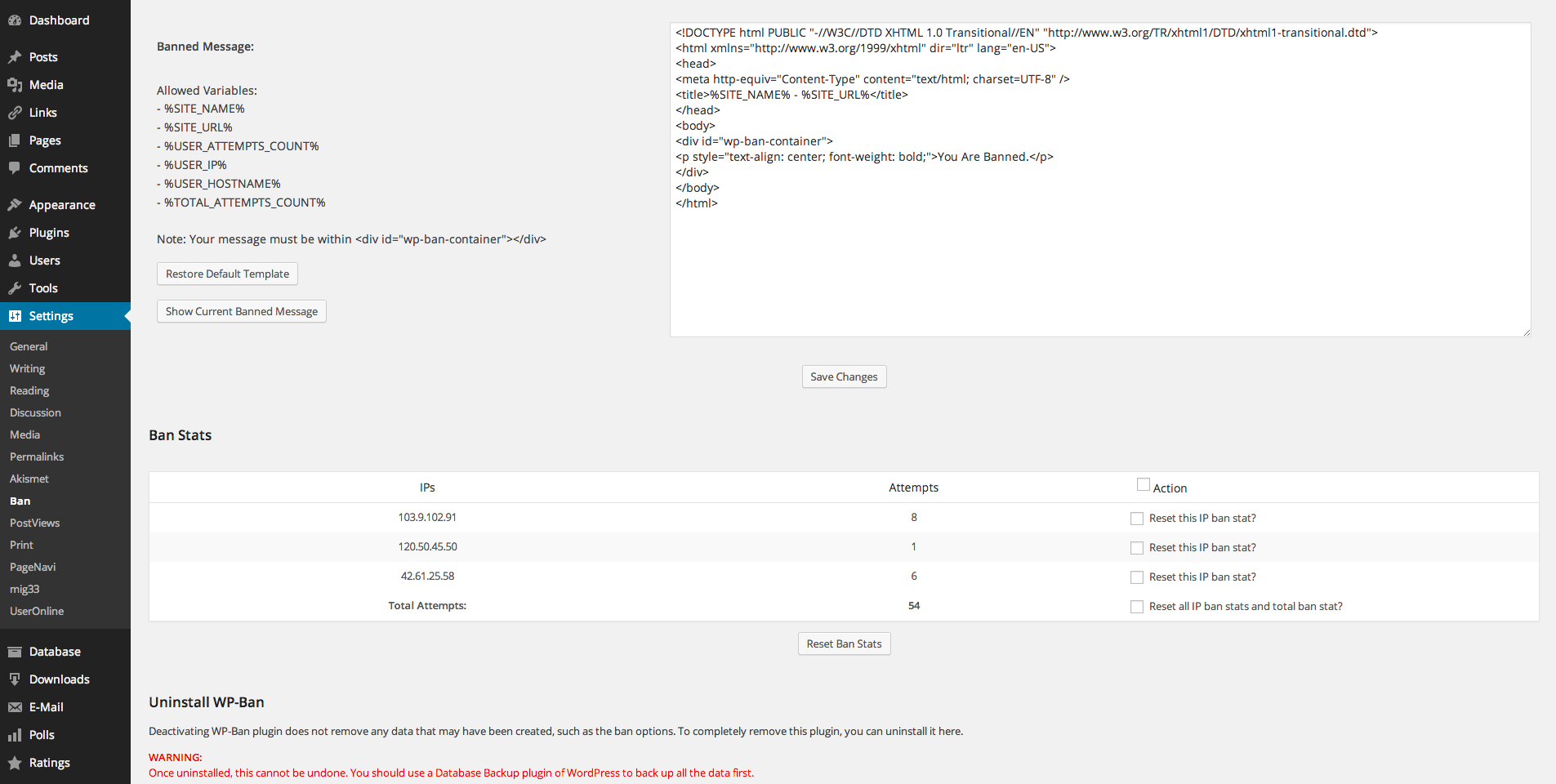 wordpress IP屏蔽禁止访问插件：WP-Ban